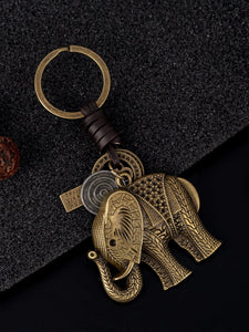 Brass and Leather Elephant Charm Keychain