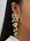 Gold Floral Earring with Rhinestone Detail
