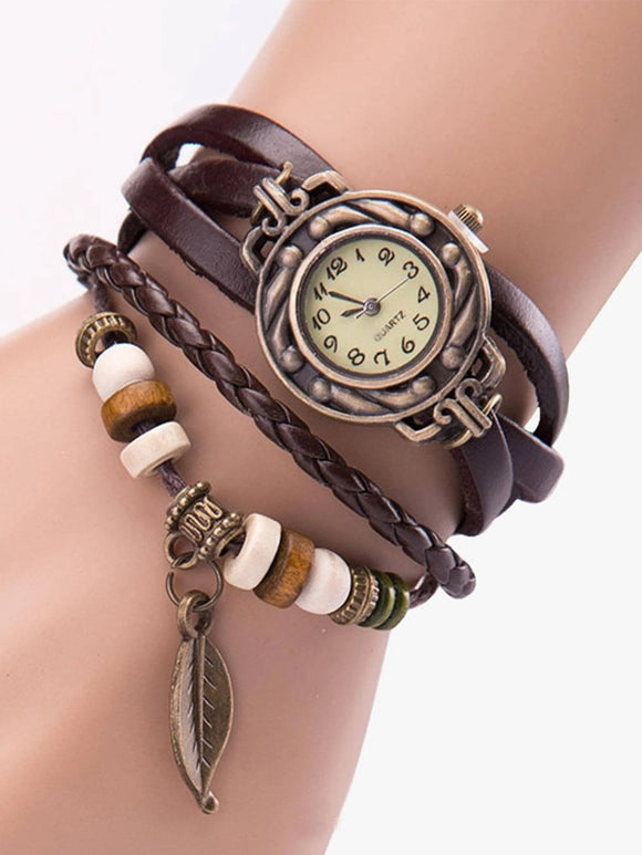 Leather and Bead Quartz Snap Style Bracelet Watch with Leaf Charm Detail