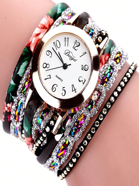 Silver Stud and Multi Color Decor Quartz Watch Layered Snap Bracelet