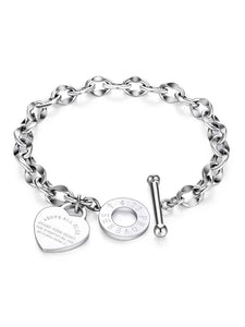 Stainless Steel Classic Heart Engraved with Scripture Toggle Clasp Bracelet