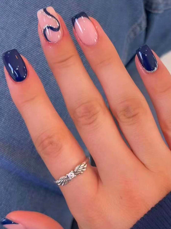 24 piece Dark Blue and Silver Glitter Design Nail Set