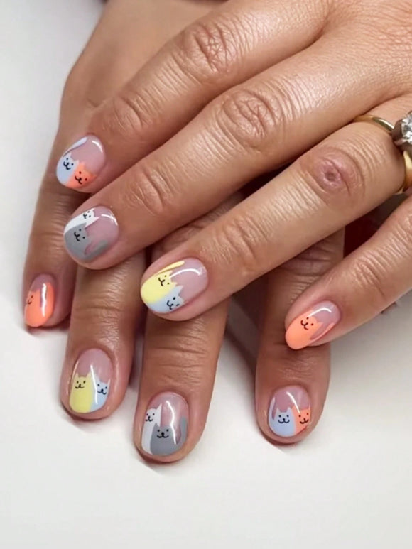24 pc Short Square Colorful French Cat Nail Set