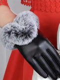 Black pu leather and plush fur cuff touchscreen gloves