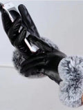 Black pu leather and plush fur cuff touchscreen gloves