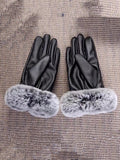 Black pu leather and plush fur cuff touchscreen gloves