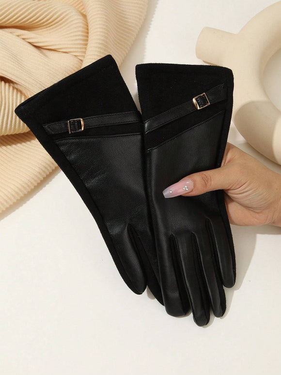 Women's Black Pu Leather Gloves with Gold Buckle Design