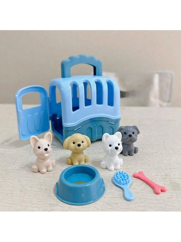 8 Pc Dog Carrier and Animal Set Blue