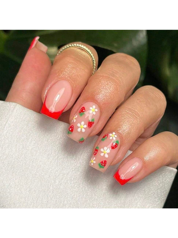 Strawberry and Floral Pattern Red Tip Short Square Nail Set