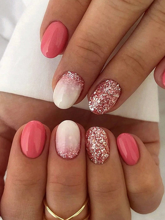 Pink Glitter French Style Short Round Nail Set