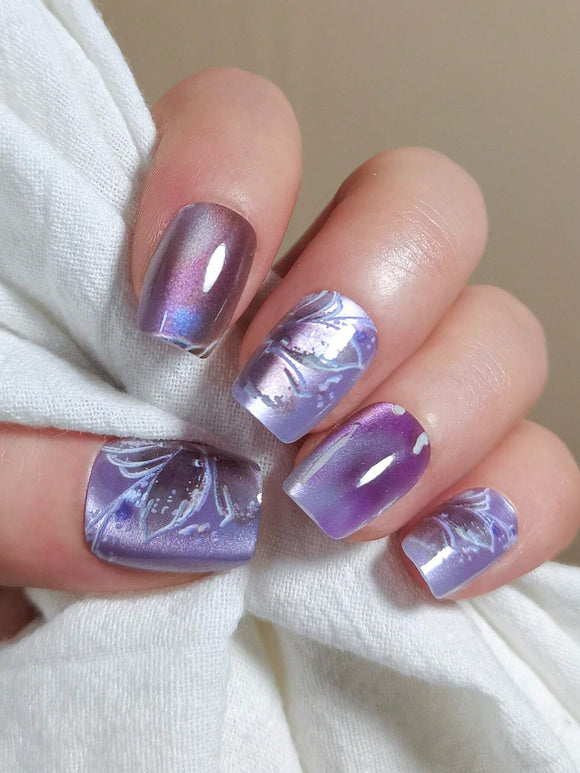 30 pc Purple Butterfly Cat Eye Design Nail Set