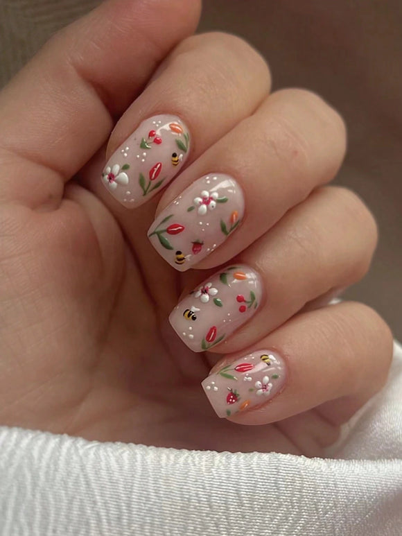 Bee and Flowers Print Long Square Nail Set