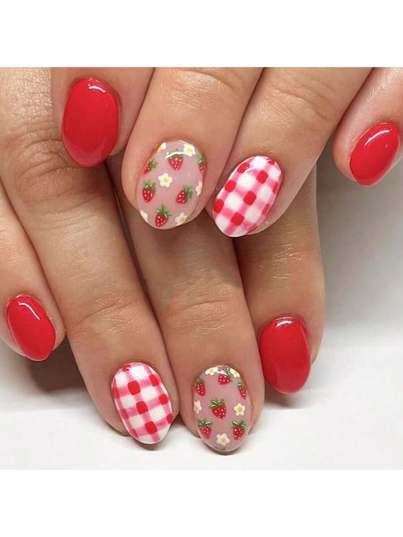 Strawberry and Plaid Oval Nail Set