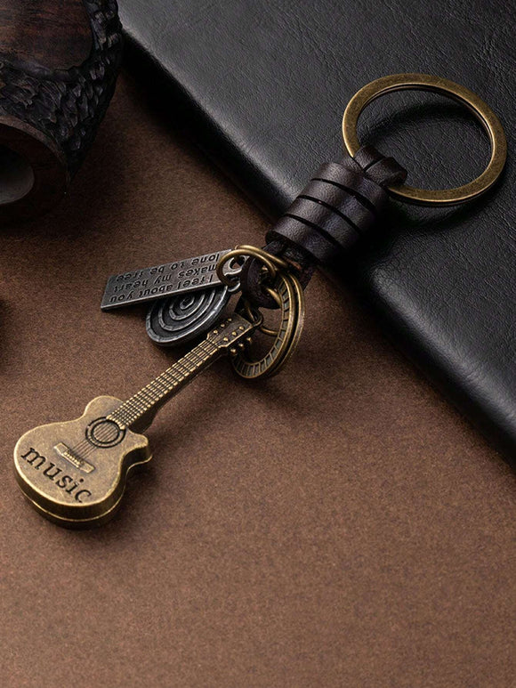 Retro Small Guitar Braided Cowhide Keychain