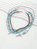 3 pcs Fashionable Western Style Turquoise Beaded Necklace Set With Bull Head Decoration