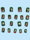 24 piece Green and Red Floral Design Short Square Nail Set