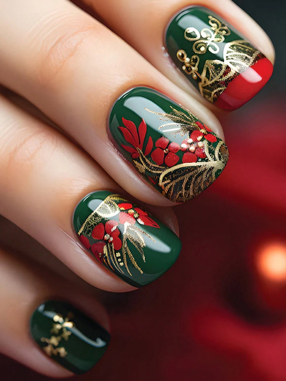24 piece Green and Red Floral Design Short Square Nail Set