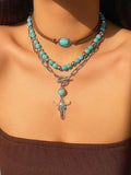 3 pcs Fashionable Western Style Turquoise Beaded Necklace Set With Bull Head Decoration