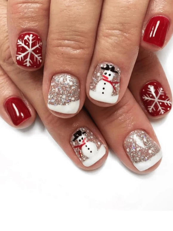 24 piece Christmas Snowman and Snowflake Short Square Nail Set