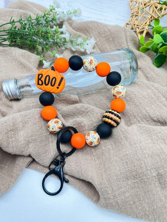 Halloween Boo! Orange and Black Bead Wristlet Keychain
