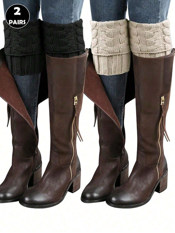 2 Pair Ribbed Knit Boot Cuffs/Leg Warmers (Black & Khaki)