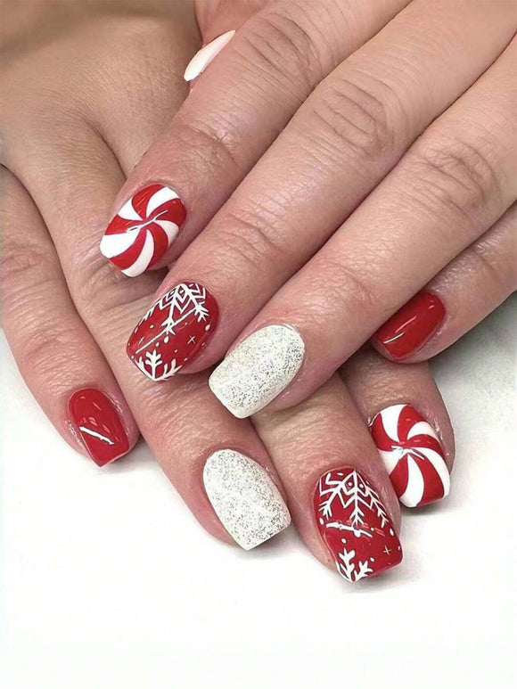 24 piece Christmas Peppermint Drop & Snowflake Pattern Short Square Nail Set