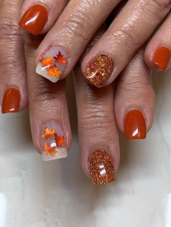 24 Pc Maple Leaf Orange Glitter Short Square Nail Set