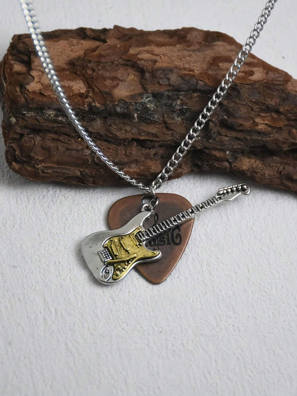 Vintage Guitar Pick & Guitar Pendant Necklace Stainless Steel Chain