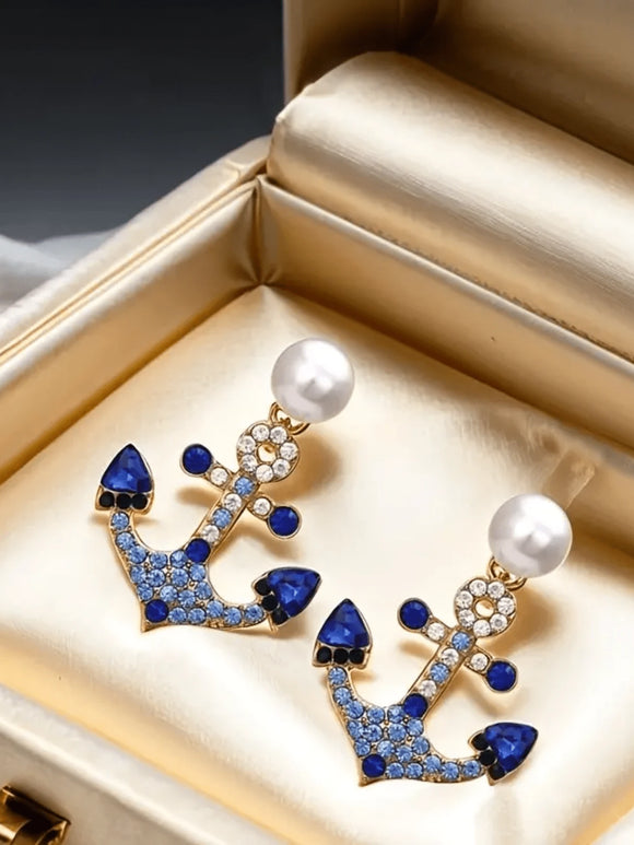 Blue Rhinestone and Pearl Anchor Design Earrings