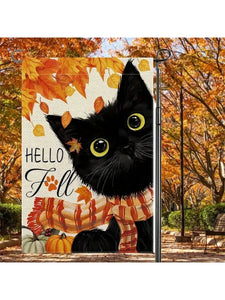 Hello Fall Cute Black Cat Double-Sided Garden Flag