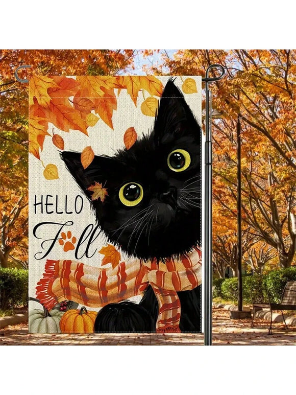 Hello Fall Cute Black Cat Double-Sided Garden Flag