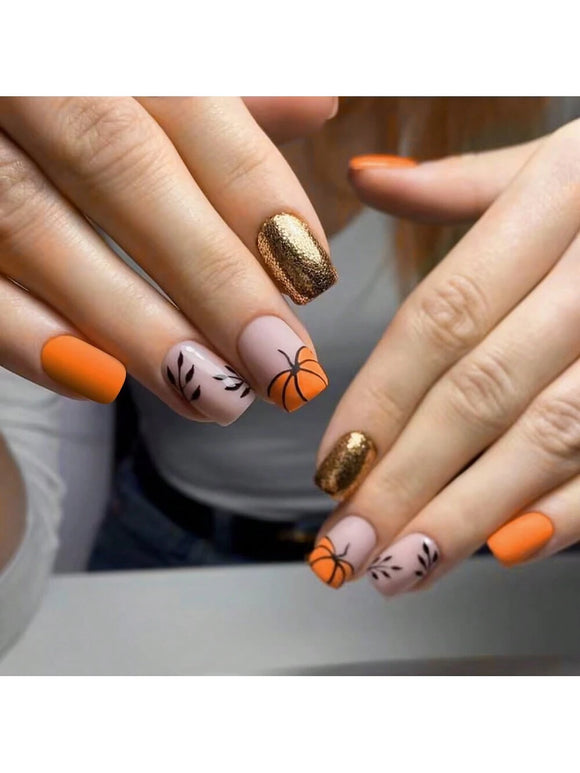 24 pc Orange Pumpkin Sparkling Gold Powder Nail Set