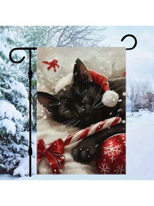 Christmas Black Cat and Snow Scene Garden Flag