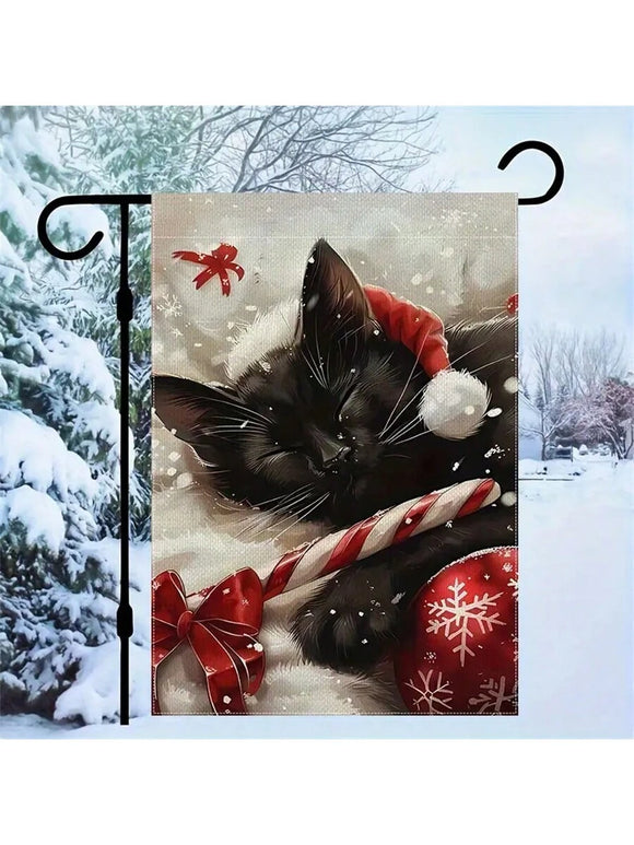 Christmas Black Cat and Snow Scene Garden Flag