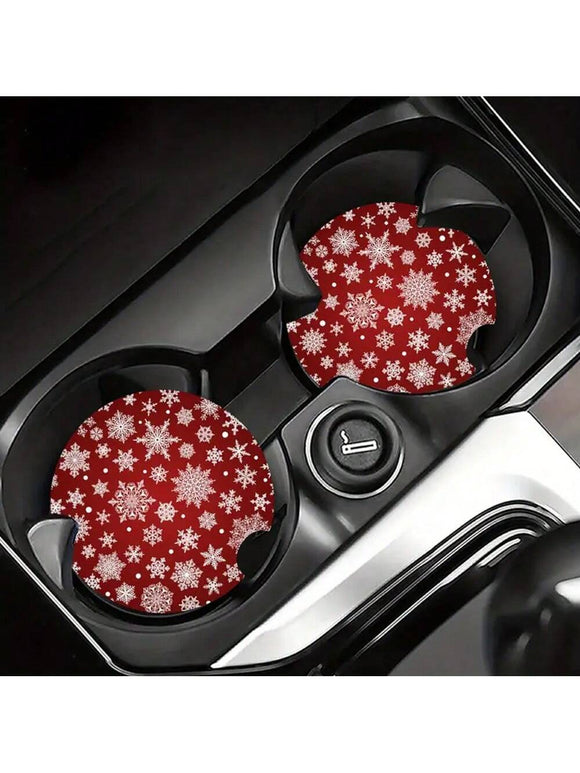 2 Pc Red and White Snowflakes Car Coaster Set
