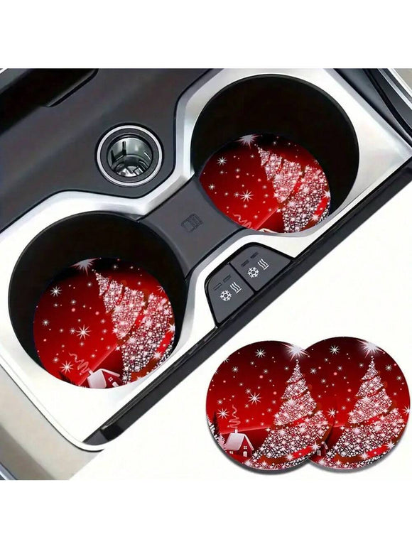 2 Pc Red and White Christmas Tree Car Coaster Set
