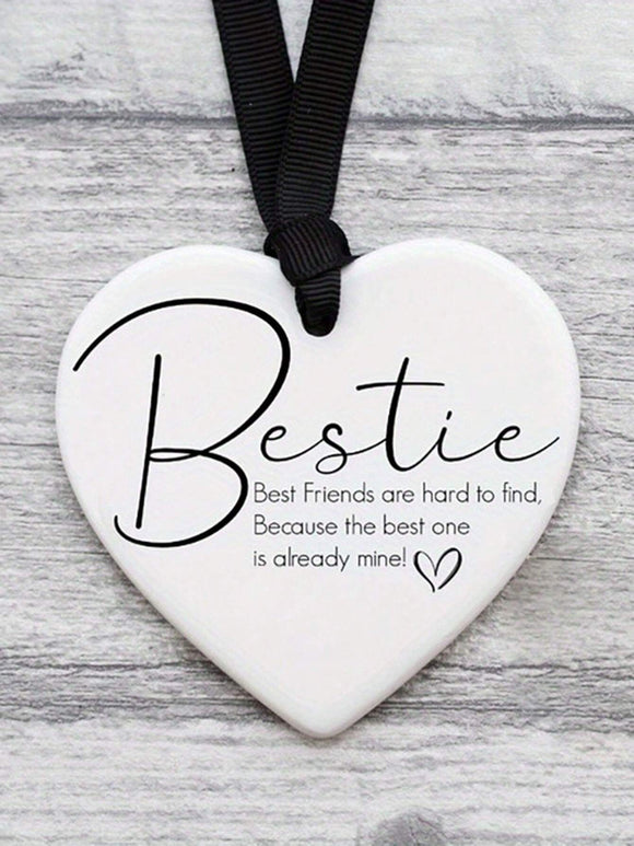 Bestie Heart Ornament with Black Ribbon Detail