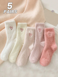 5 Pair Multi Colored Heart Print Fuzzy Sock Set