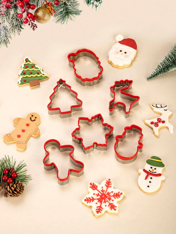 6 Pc Stainless Steel Christmas Cookie Cutter Set with Red PVC Detail