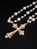 2 Layered Faux Pearl & Metal Cross Pendant Necklace Set