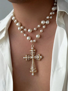 2 Layered Faux Pearl & Metal Cross Pendant Necklace Set