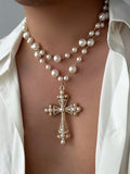 2 Layered Faux Pearl & Metal Cross Pendant Necklace Set