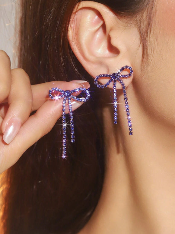 Purple Rhinestone Bow Design Earrings