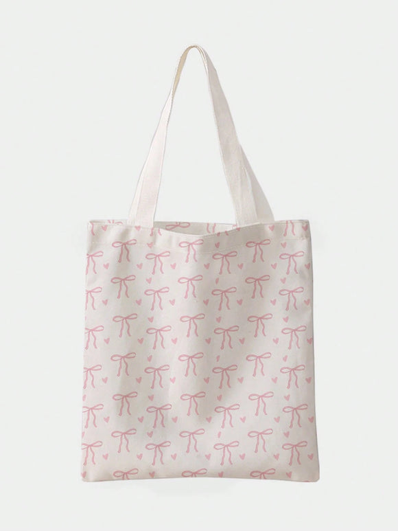 Pink Bow & Heart Pattern Double-Sided Print Shoulder Canvas Tote Bag