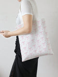 Pink Bow & Heart Pattern Double-Sided Print Shoulder Canvas Tote Bag
