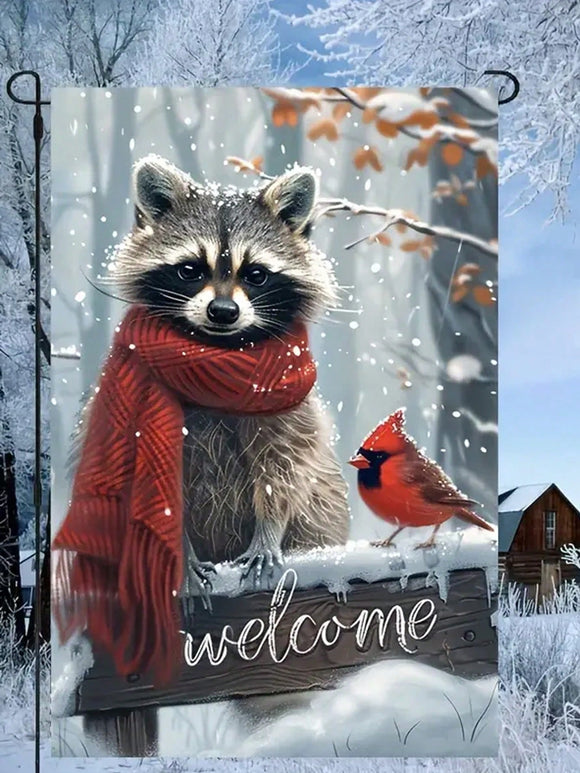 Welcome Raccoon and Cardinal Garden Flag