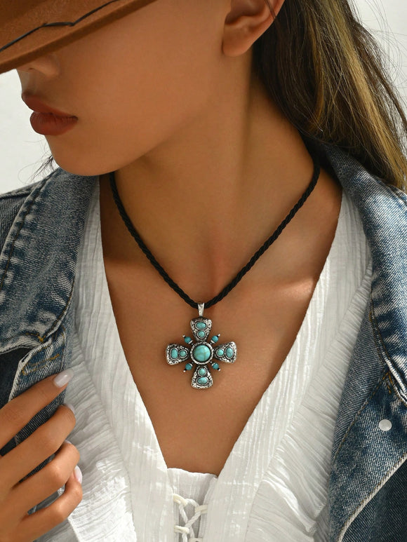 Bohemian Style Cross Pendant Necklace Inlaid With Turquoise
