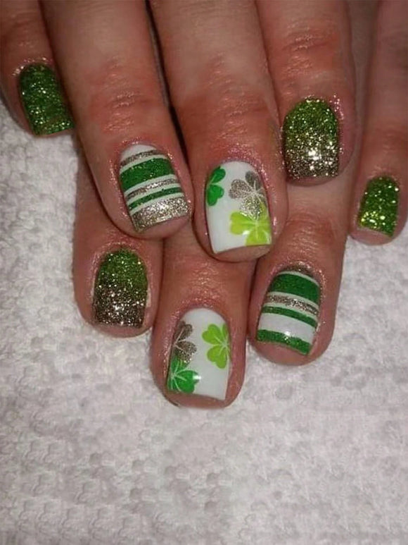 24 Pcs Cute Clover Striped Short Square Nail Set