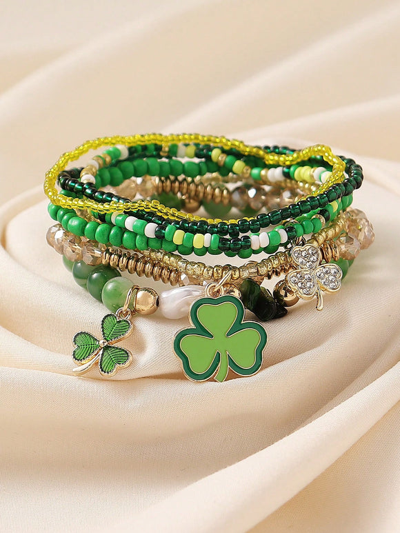 7 pc Green Clover Charm Bracelet Set