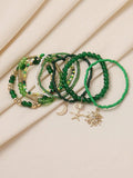 8 pc Green Stone Beaded Bracelet with Sun and Palm Team Charm Detail